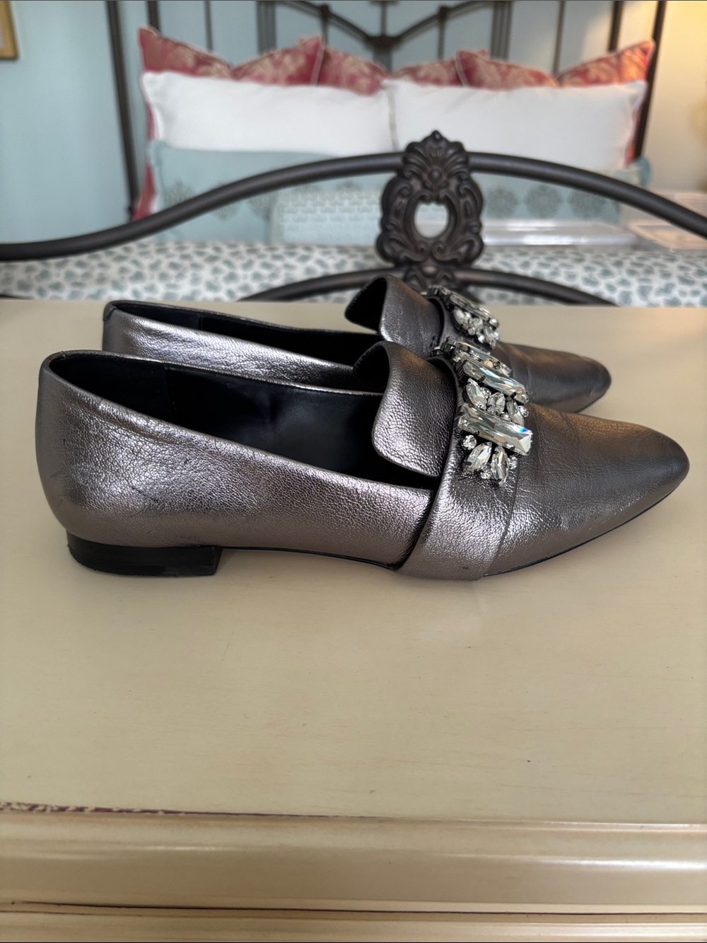 Karl Lagerfeld Pewter Metallic Jeweled Loafers - Picture 2 of 5